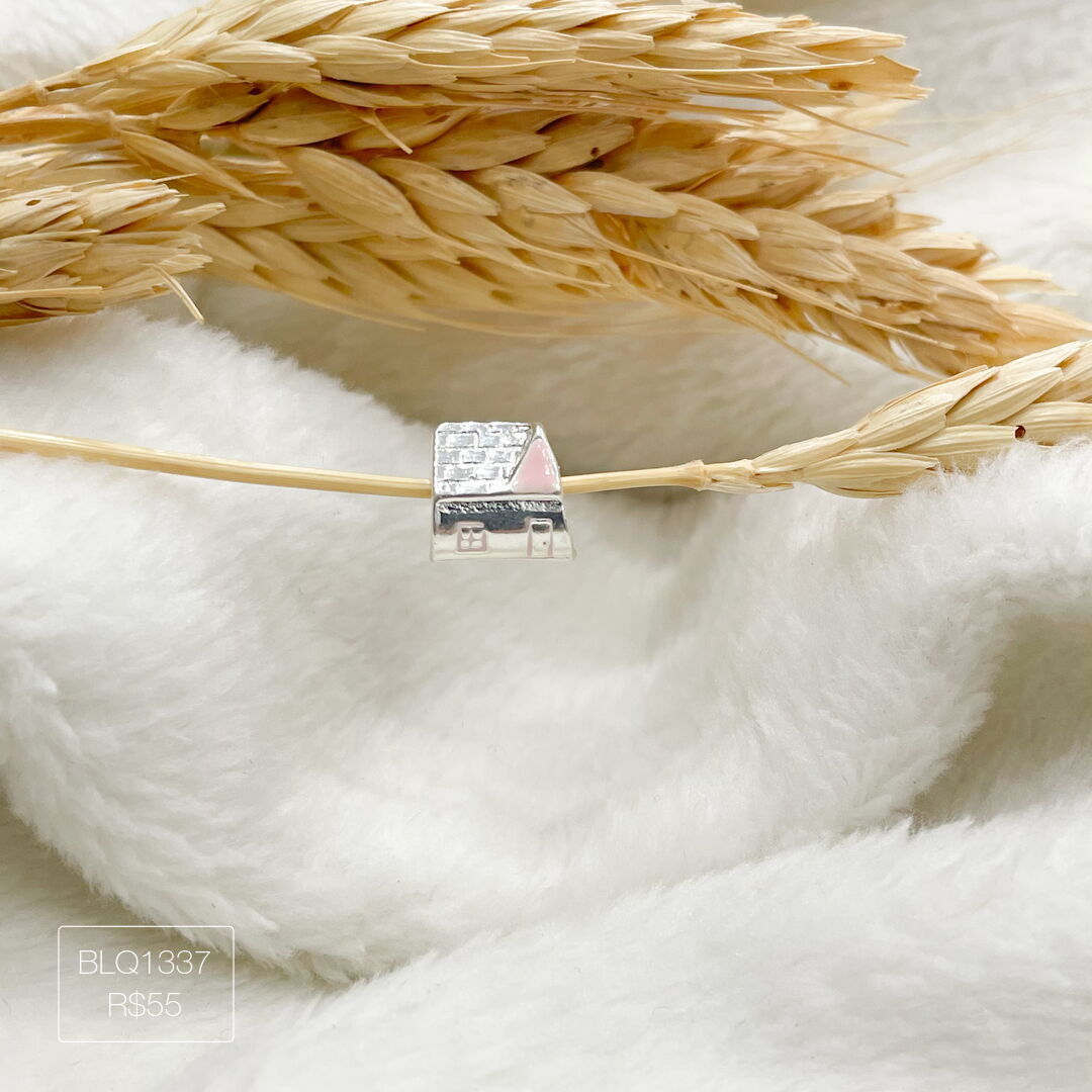 Berloque Casa Rosa Passador Esmaltado Prateado